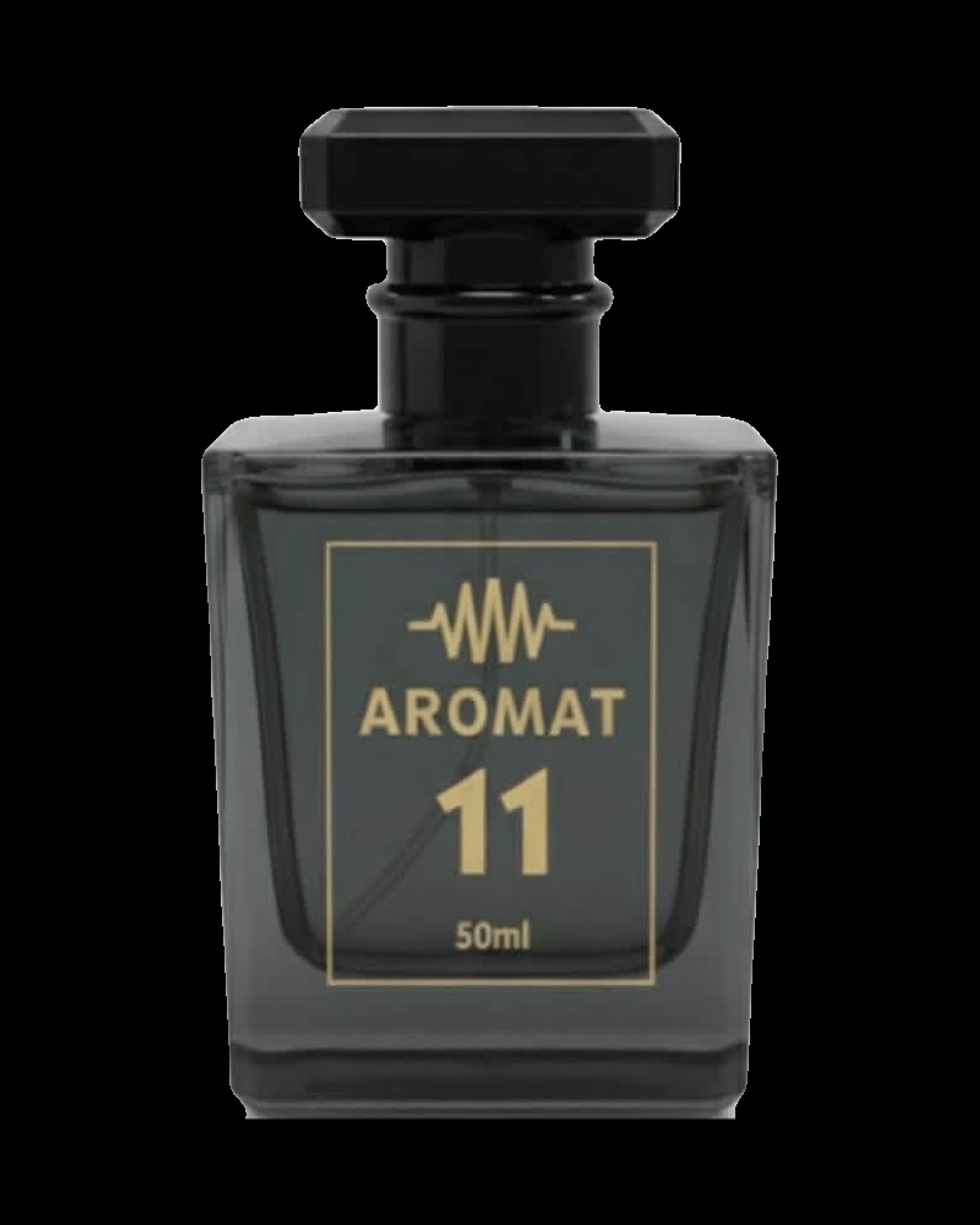 A sleek, dark translucent charcoal-grey glass perfume bottle with a matching black octagonal cap. The bottle is square-shaped with tapered edges. On the front, a thin gold rectangular border frame encloses gold graphic elements and text. At the top is a stylized soundwave or audio frequency line ico