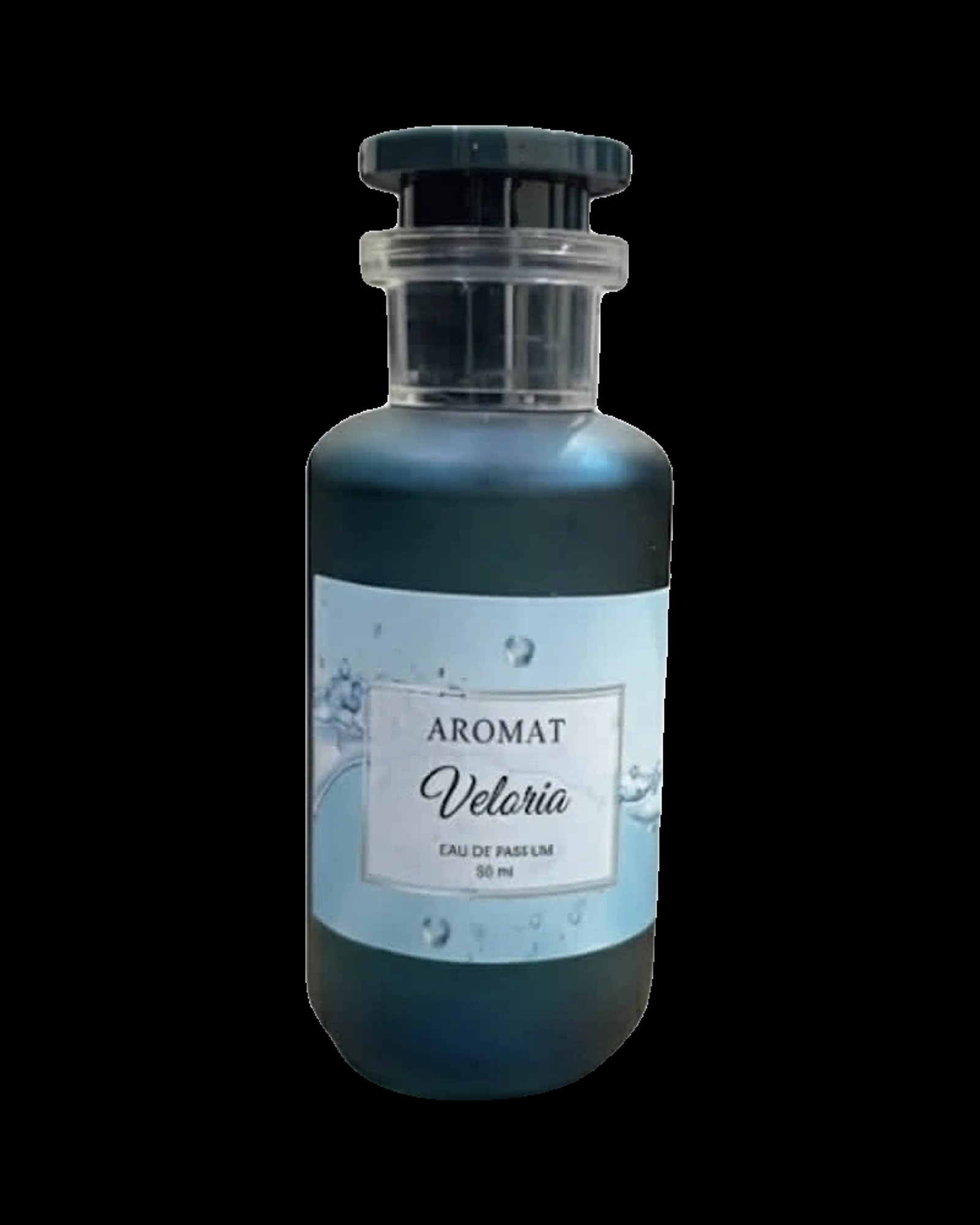 A dark teal or blue-green frosted glass perfume bottle topped with a layered, glossy dark cap and collar. The bottle features a light blue rectangular label with water droplets and wave graphics. The label text reads "AROMAT" in an uppercase serif font, "Veloria" in a dark cursive script font, follo