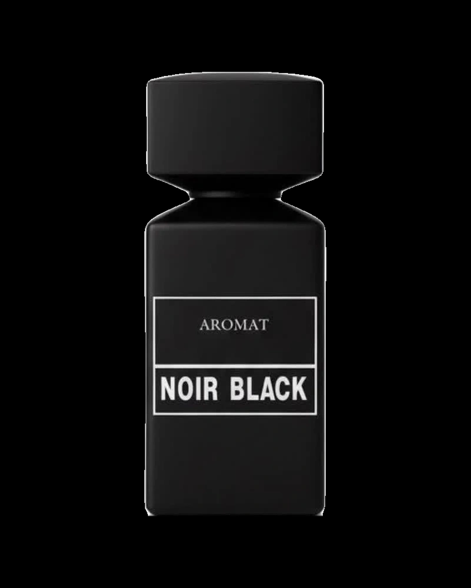 A minimalist matte black perfume bottle featuring a heavy, block-style rectangular cap with soft edges. On the front face of the bottle, a thin white rectangular outline encloses the branding. The word "AROMAT" is written at the top in a white serif typeface, situated above a solid white rectangular