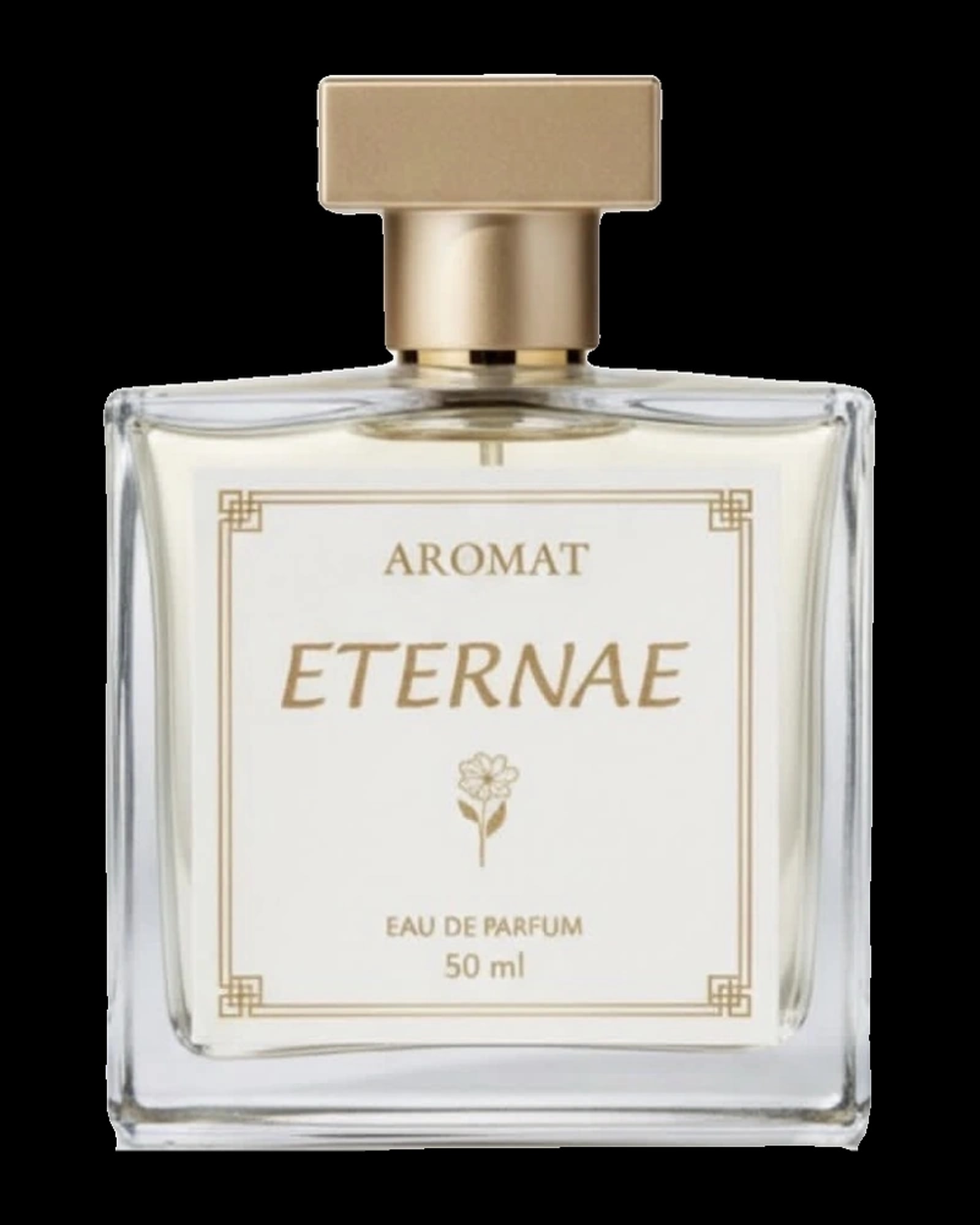 A clear square glass perfume bottle filled with pale yellow fragrance liquid, featuring thick glass walls and a T-shaped matte gold cap. The bottle has an off-white square label centered on the front with a double gold line border and geometric corner motifs. The label reads "AROMAT" at the top in g