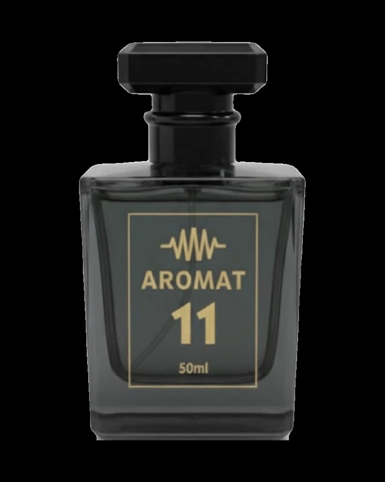 A sleek, dark translucent charcoal-grey glass perfume bottle with a matching black octagonal cap. The bottle is square-shaped with tapered edges. On the front, a thin gold rectangular border frame encloses gold graphic elements and text. At the top is a stylized soundwave or audio frequency line ico