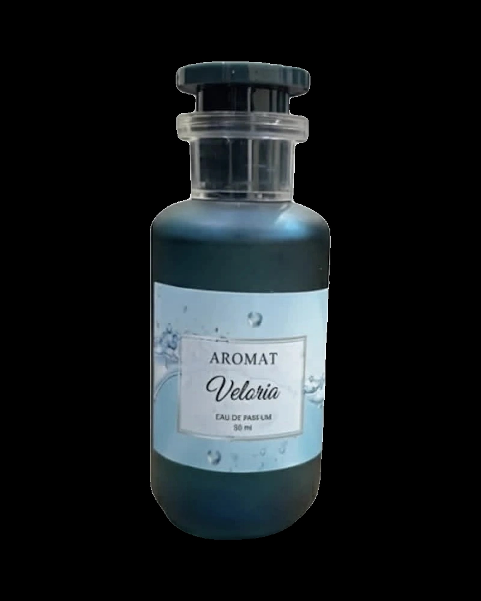 A dark teal or blue-green frosted glass perfume bottle topped with a layered, glossy dark cap and collar. The bottle features a light blue rectangular label with water droplets and wave graphics. The label text reads "AROMAT" in an uppercase serif font, "Veloria" in a dark cursive script font, follo