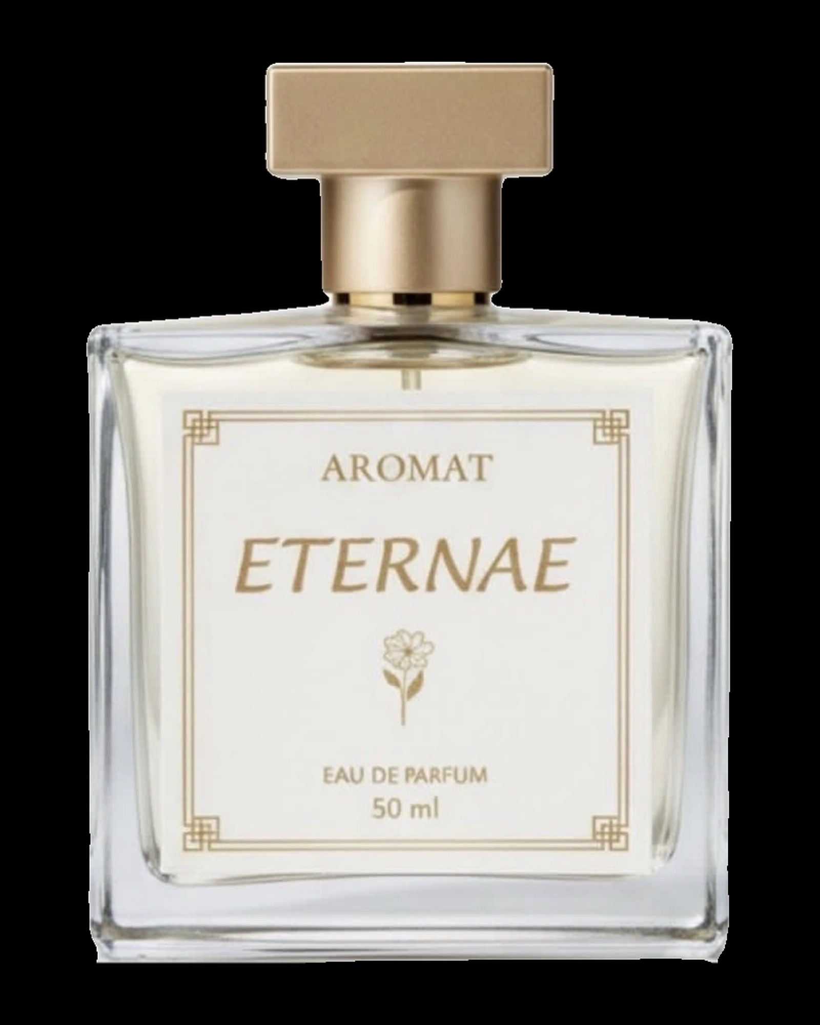 A clear square glass perfume bottle filled with pale yellow fragrance liquid, featuring thick glass walls and a T-shaped matte gold cap. The bottle has an off-white square label centered on the front with a double gold line border and geometric corner motifs. The label reads "AROMAT" at the top in g