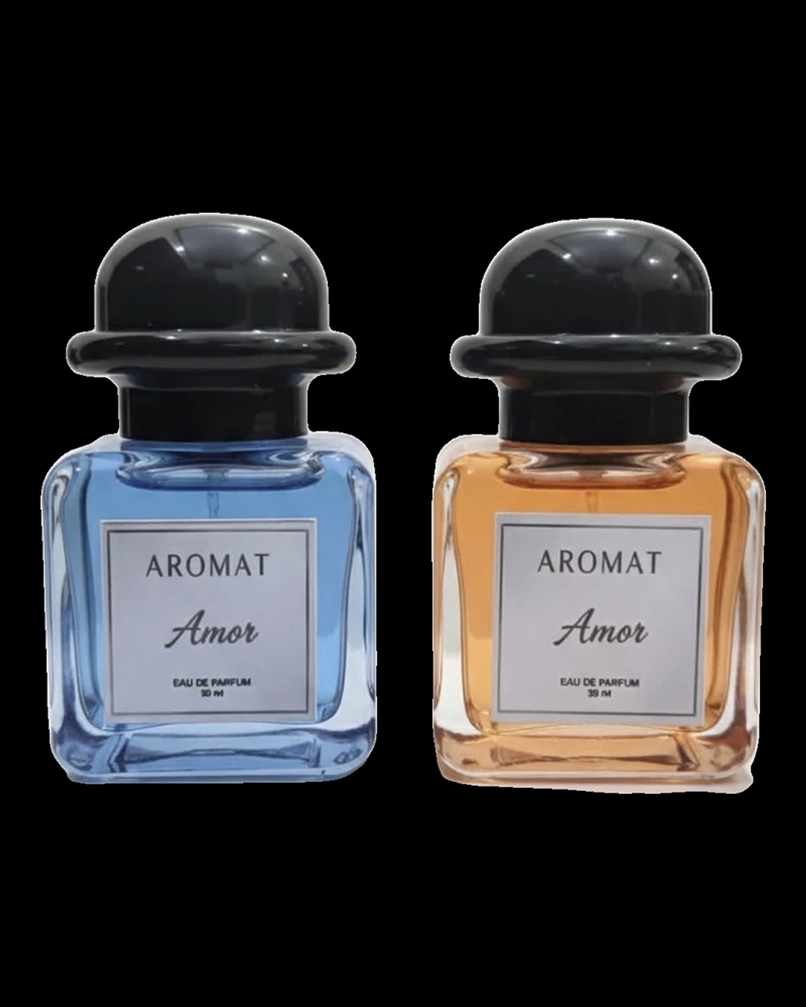 Two square glass bottles of Aromat Amor Eau De Parfum side-by-side on a white background. The left bottle contains light blue liquid and the right contains peach-orange liquid, both topped with glossy black domed caps and white labels.